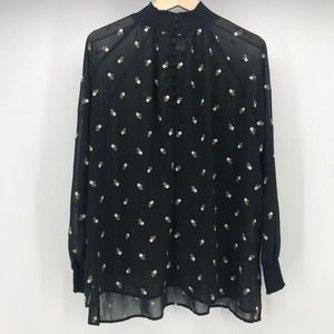 CAbi Floral Embroidered Blouse Womens Medium Black Sheer Style 5338 High Neck